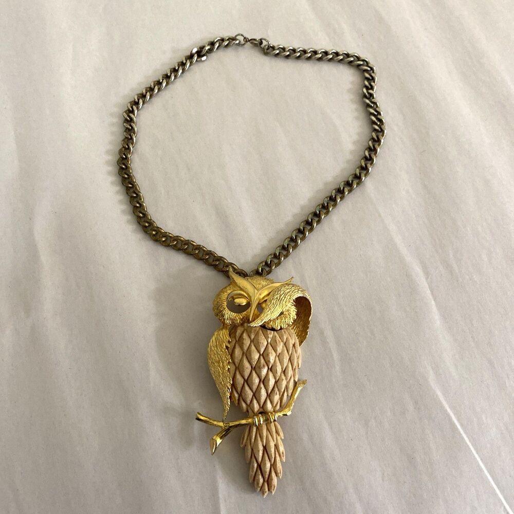 Razza Sleepy Shy Owl Pendant Gold Tone & Resin Statement Necklace Sitting Branch